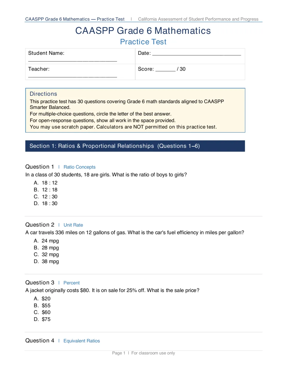 Ratios and proportional relationships: after the directions, students answer ratio, unit rate and percent multiple choice