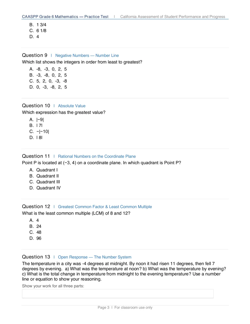 Number system items: ordering integers, absolute value, coordinate plane quadrants, LCM of 8 and 12, a temperature problem