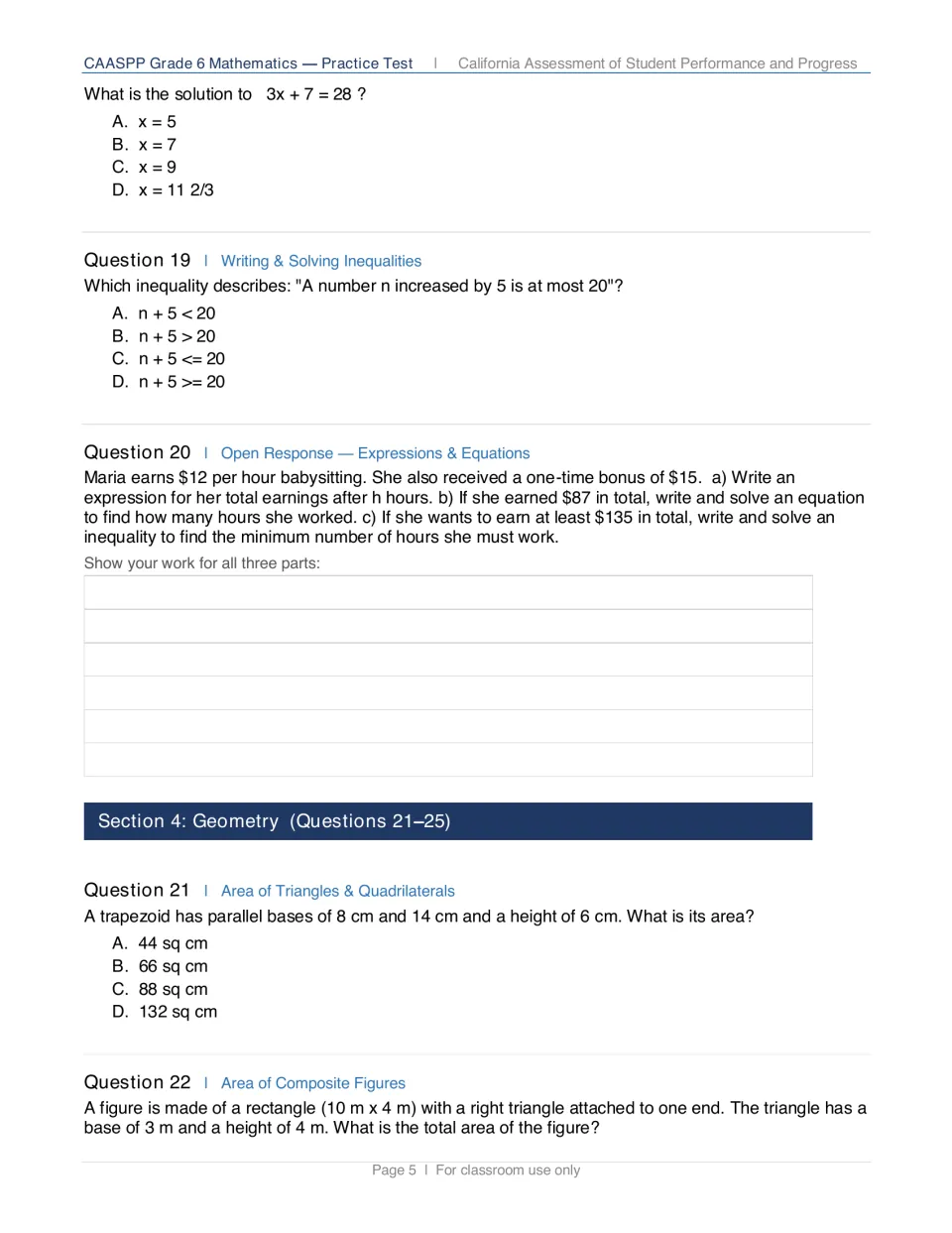 Two-step equations, an 'at most' inequality and a babysitting open response, then trapezoid and composite figure area