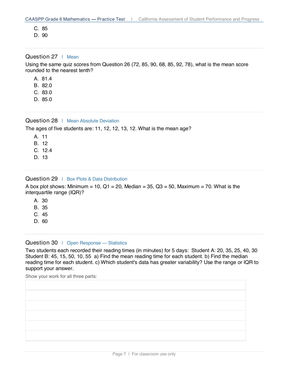 Statistics: mean quiz score, mean age, box plot interquartile range and a reading-times open response comparing variability
