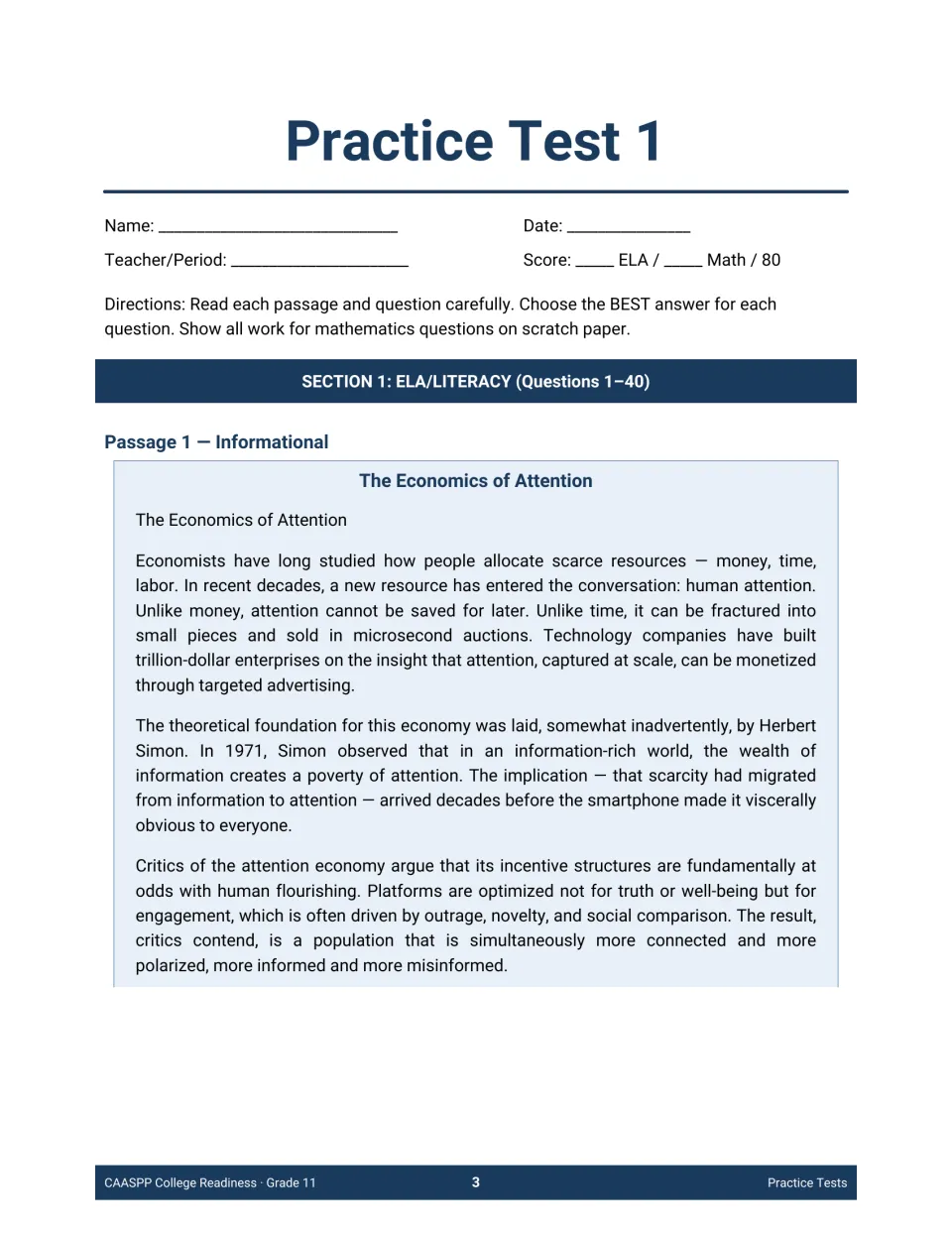 Practice Test 1 opener: name and score header, directions, then informational Passage 1, 'The Economics of Attention'