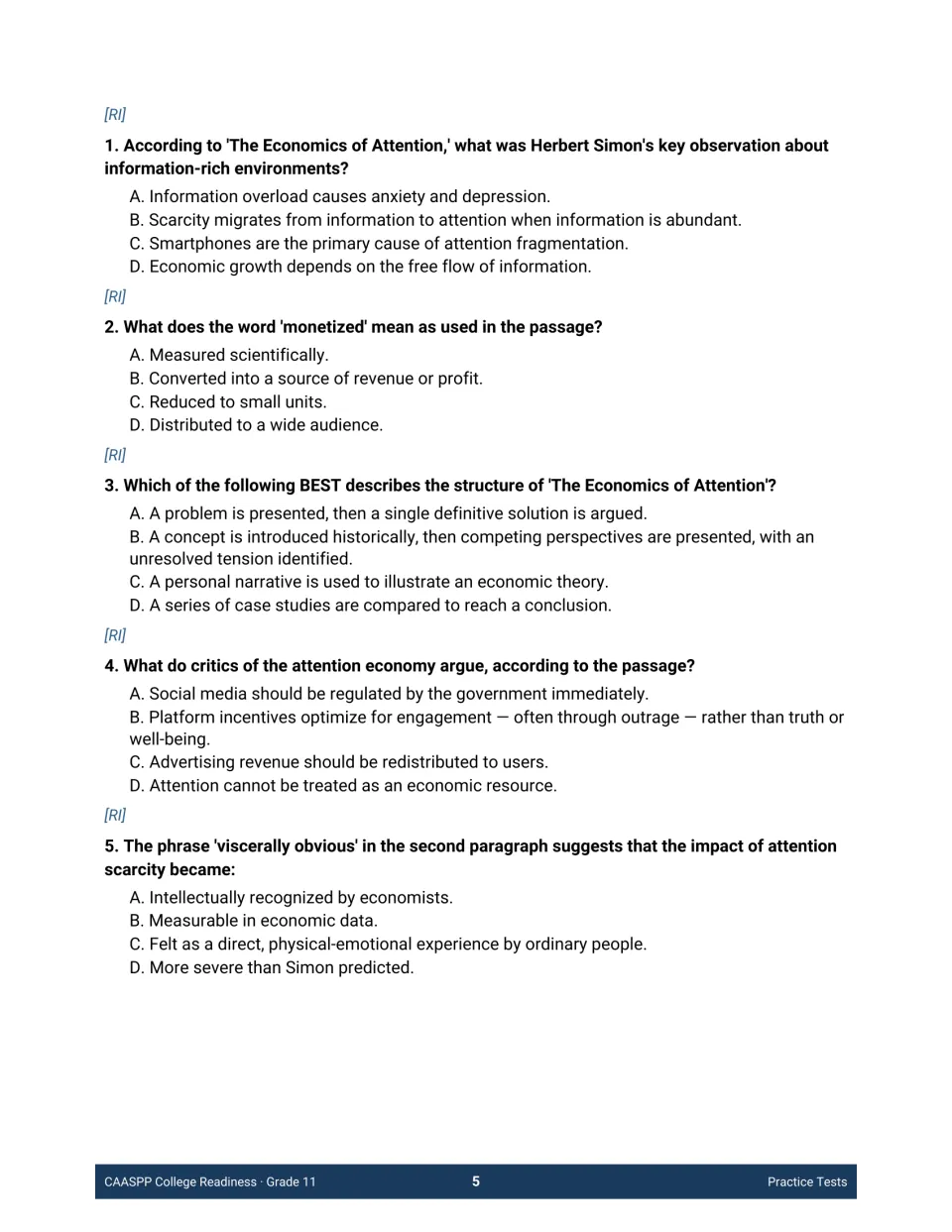 Informational reading questions 1-5: students answer items on Herbert Simon's idea, 'monetized' and text structure