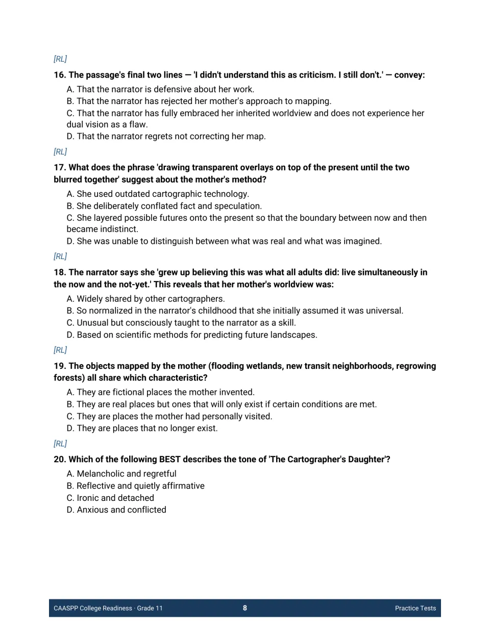 Literary reading questions 16-20 on 'The Cartographer's Daughter': ending lines, imagery, the mother's worldview and tone