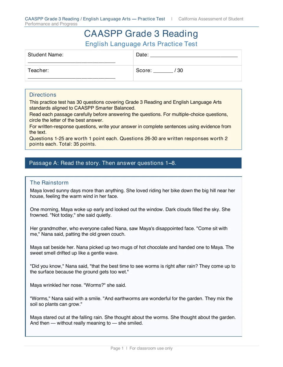 Test directions for 30 questions, then Passage A, 'The Rainstorm': a story about Maya, Nana and finding worms after rain