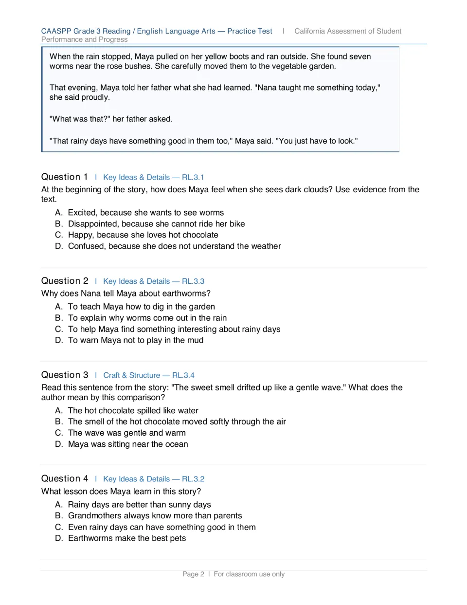 End of 'The Rainstorm' and questions 1-4: students choose answers about Maya's feelings, a simile and the story's lesson