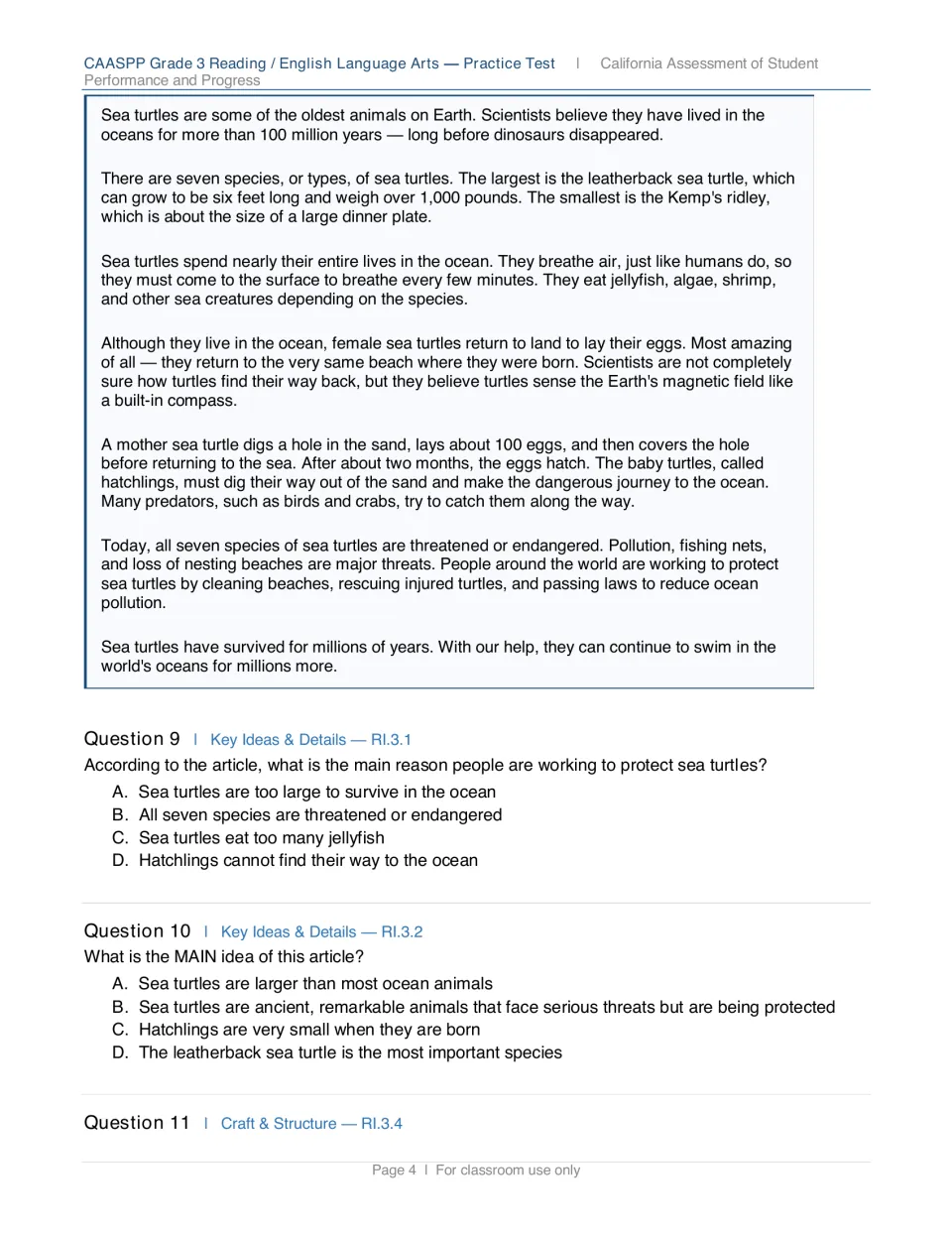 Sea turtles article on species, nesting and threats, followed by questions 9 and 10 on key details and the main idea