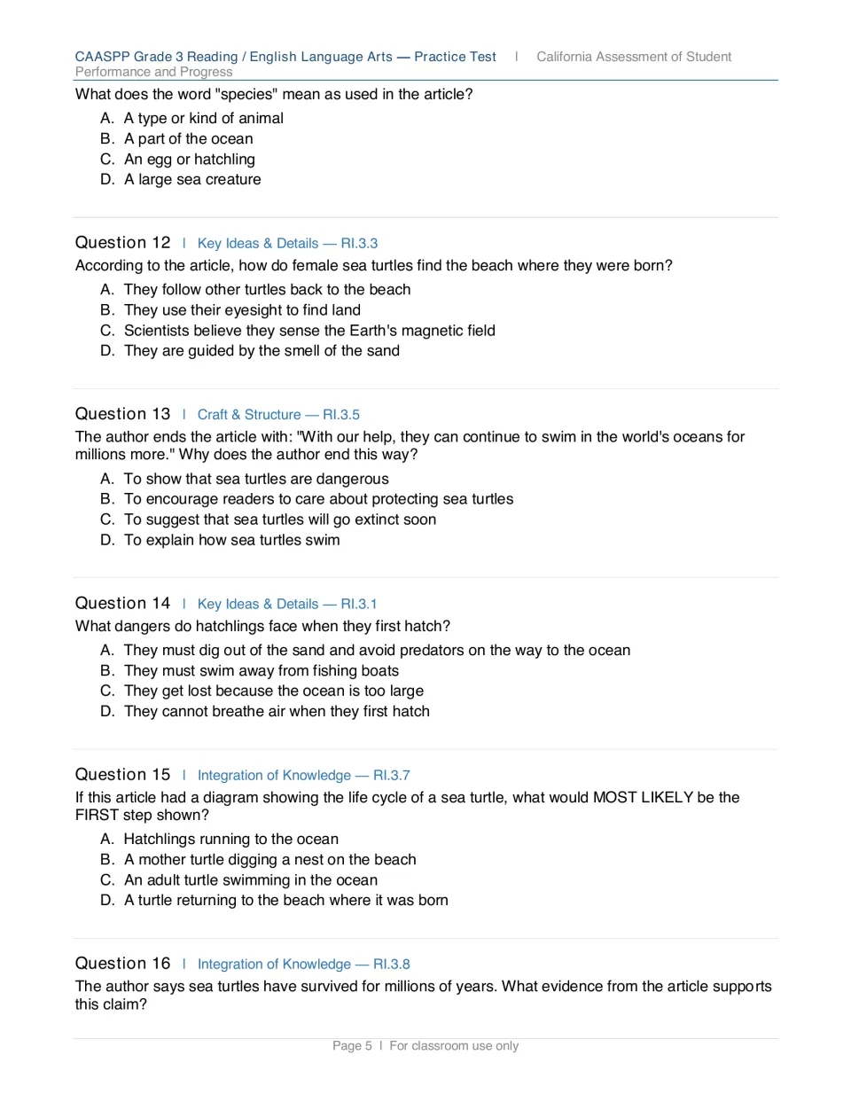 Sea turtle questions 11-16: students define 'species', explain the author's ending and pick the first life-cycle step