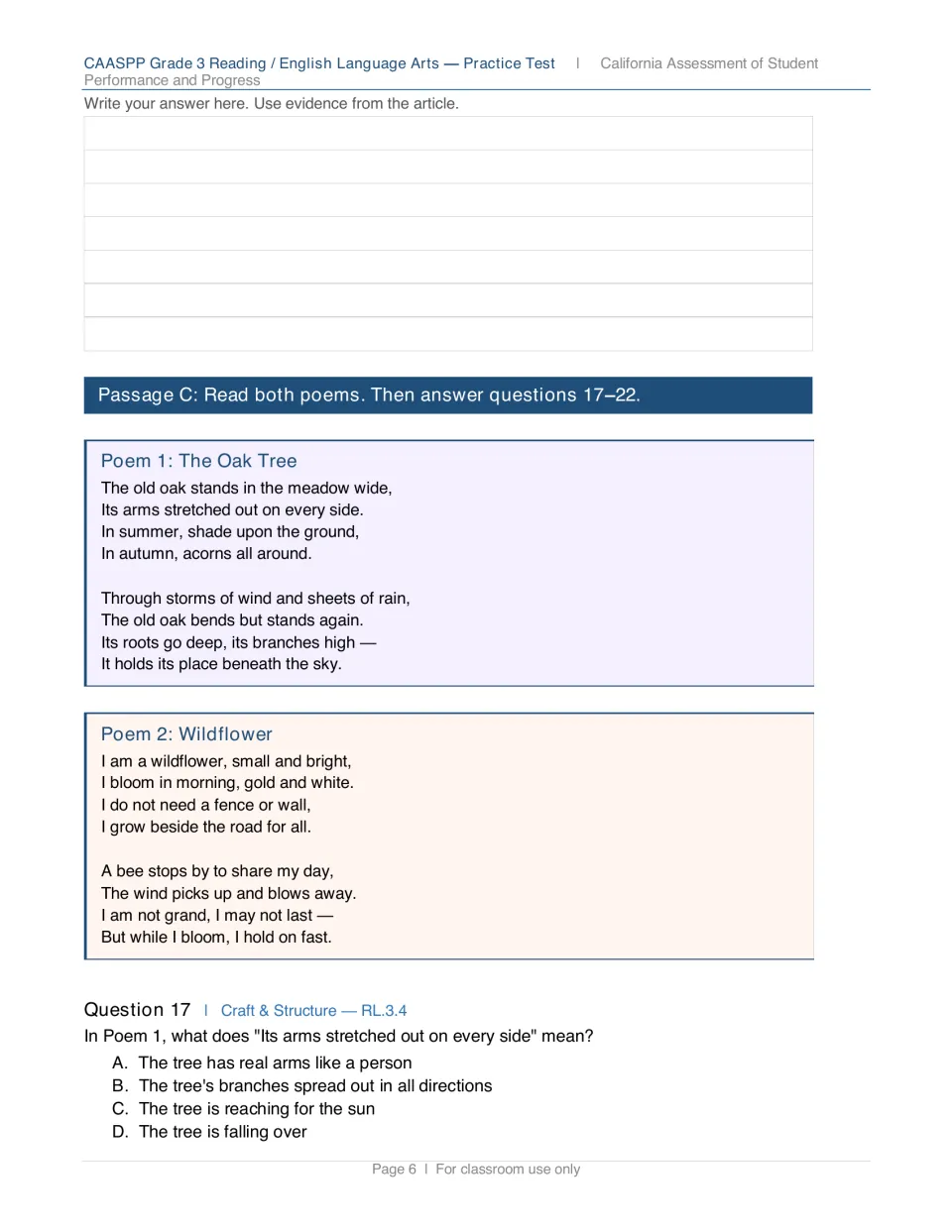 Poems 'The Oak Tree' and 'Wildflower' for comparing two poems, plus question 17 on the meaning of 'arms stretched out'
