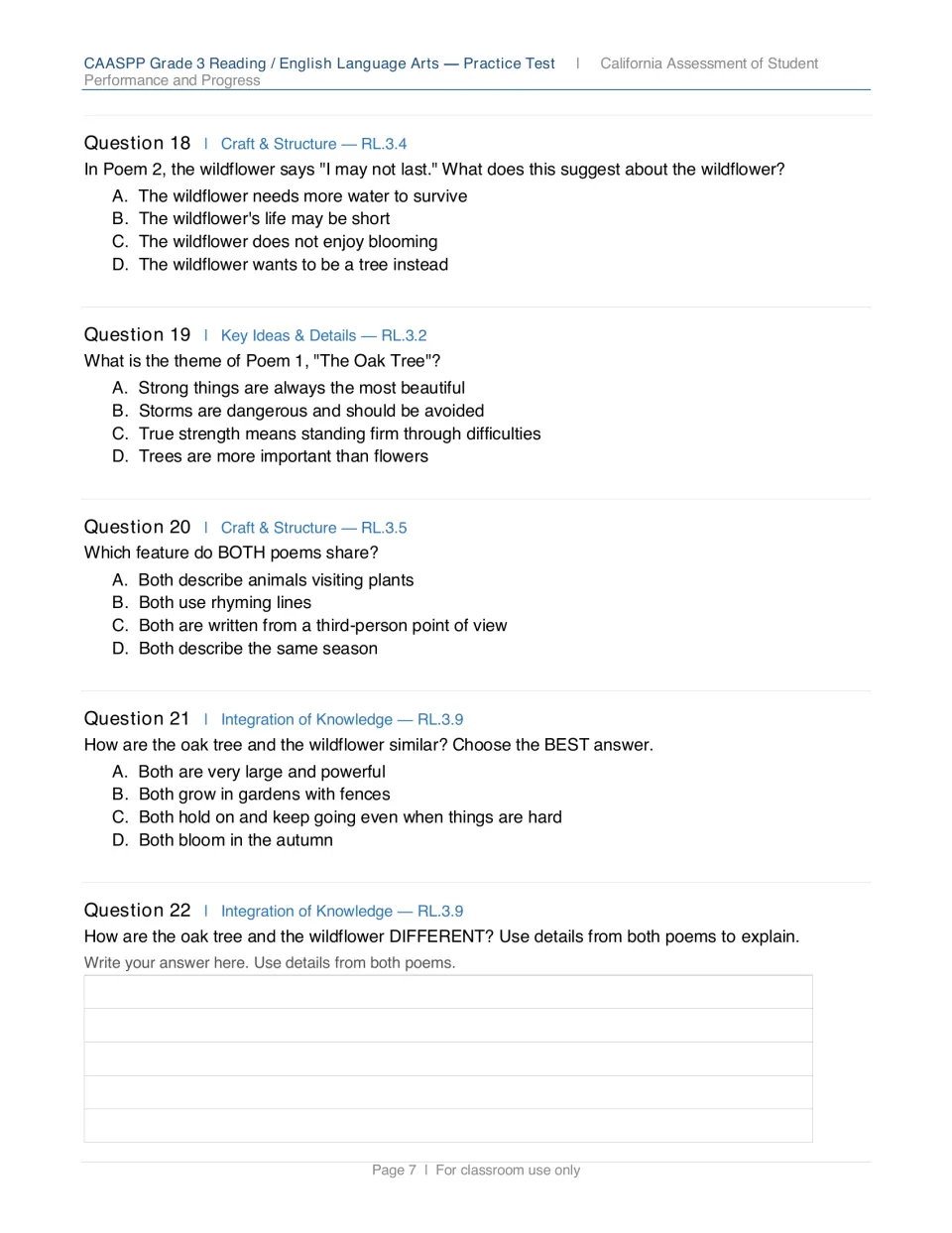 Paired poem questions 18-22 on theme, rhyme and how the oak and wildflower are alike, ending with a written contrast