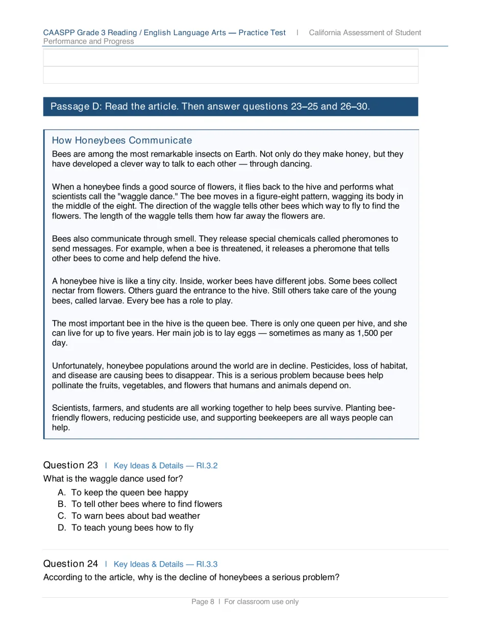 Article 'How Honeybees Communicate' on the waggle dance, pheromones and hive jobs, with questions 23 and 24
