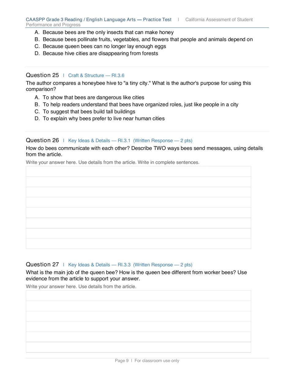 Honeybee questions 24-27: author's comparison of a hive to a city, plus written responses on bee messages and the queen