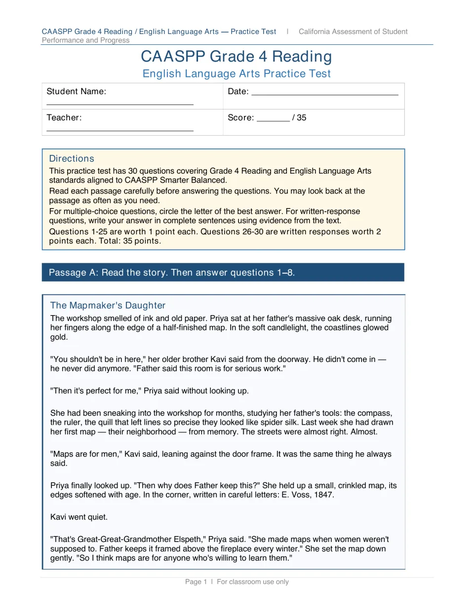 Test directions for 30 questions worth 35 points, then Passage A, The Mapmaker's Daughter, a story for questions 1 to 8