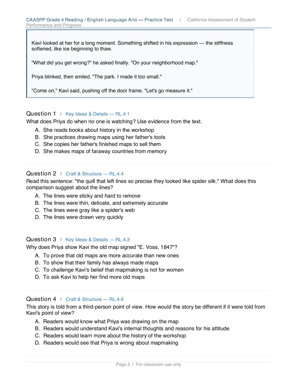 End of The Mapmaker's Daughter, then multiple-choice questions 1 to 4 on key details, a simile and point of view
