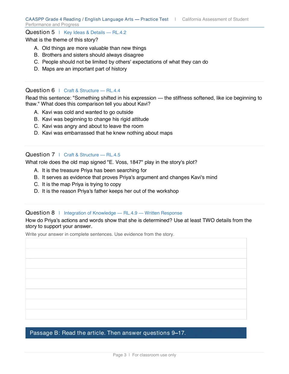 Story questions 5 to 8: theme, a simile about Kavi, the old map's plot role, and a written response on determination