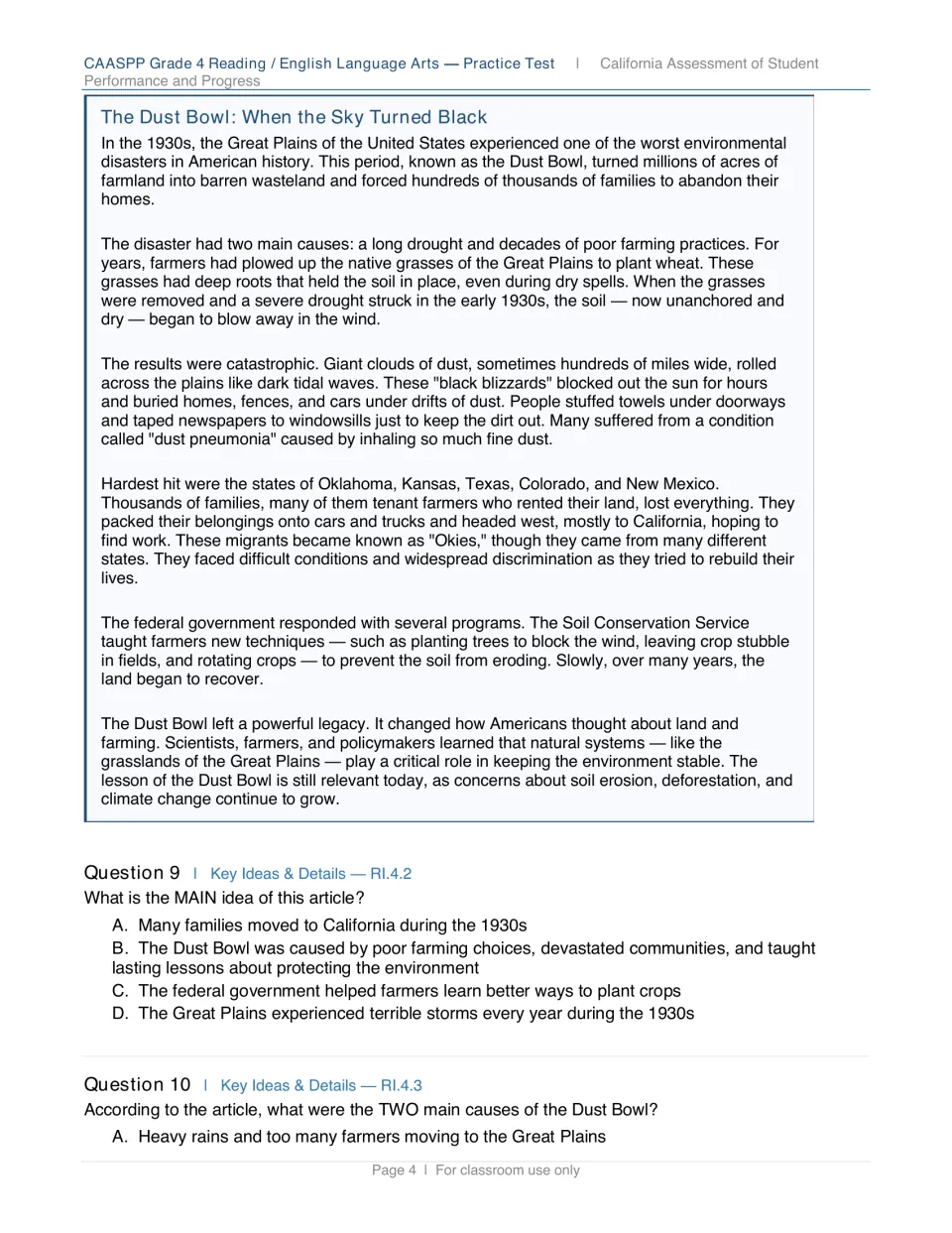Informational article The Dust Bowl: When the Sky Turned Black, followed by questions 9 and 10 on main idea and causes