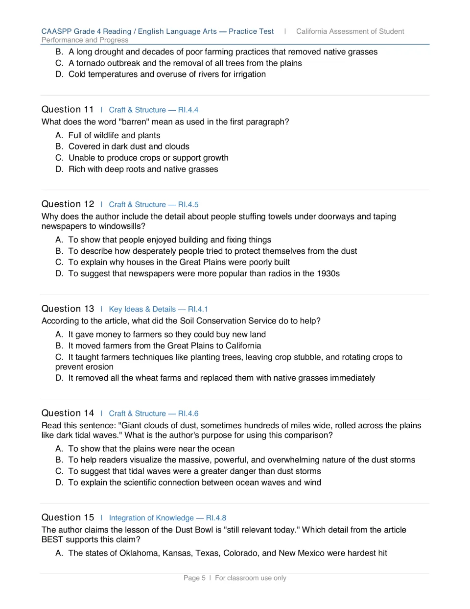 Dust Bowl questions 10 to 15: meaning of barren, author's purpose for details, the Soil Conservation Service and a simile