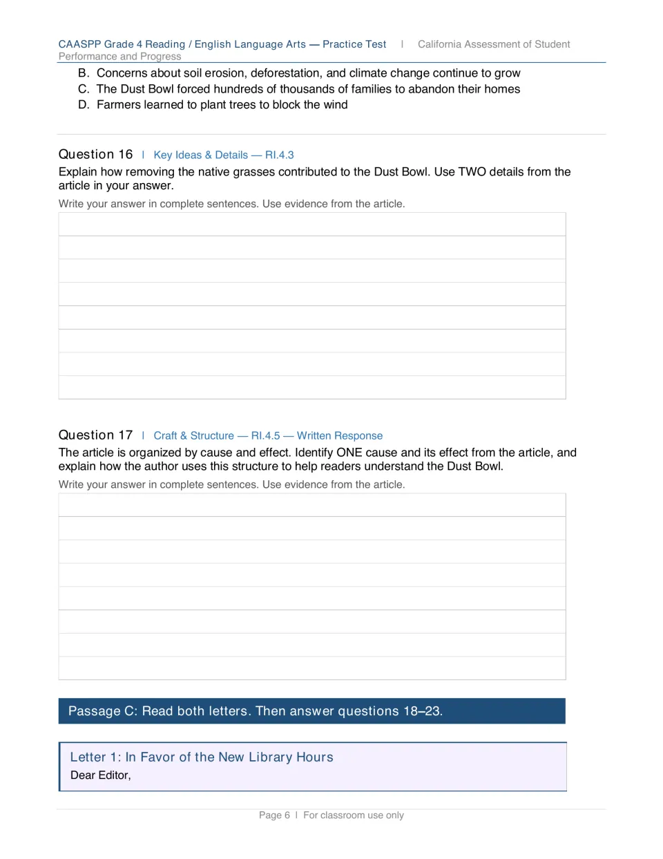 Dust Bowl written responses on how removing native grasses caused it and on the article's cause-and-effect structure