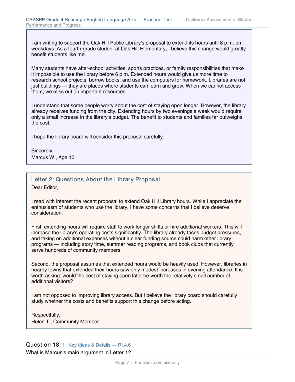 Paired opinion letters for and against extending Oak Hill Library hours, by student Marcus and community member Helen