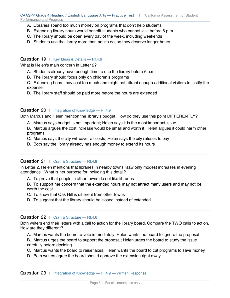 Library letter questions 18 to 22: each writer's main argument, how both use the budget, and calls to action