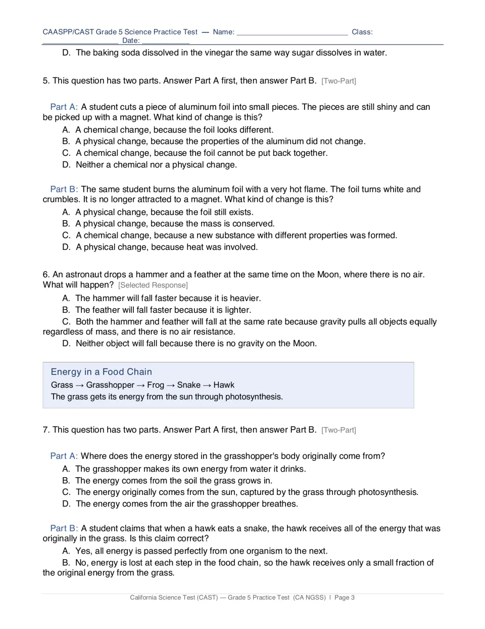 Questions 5-7: cut vs burned aluminum foil, hammer and feather dropped on the Moon, and energy in a grass-to-hawk food chain
