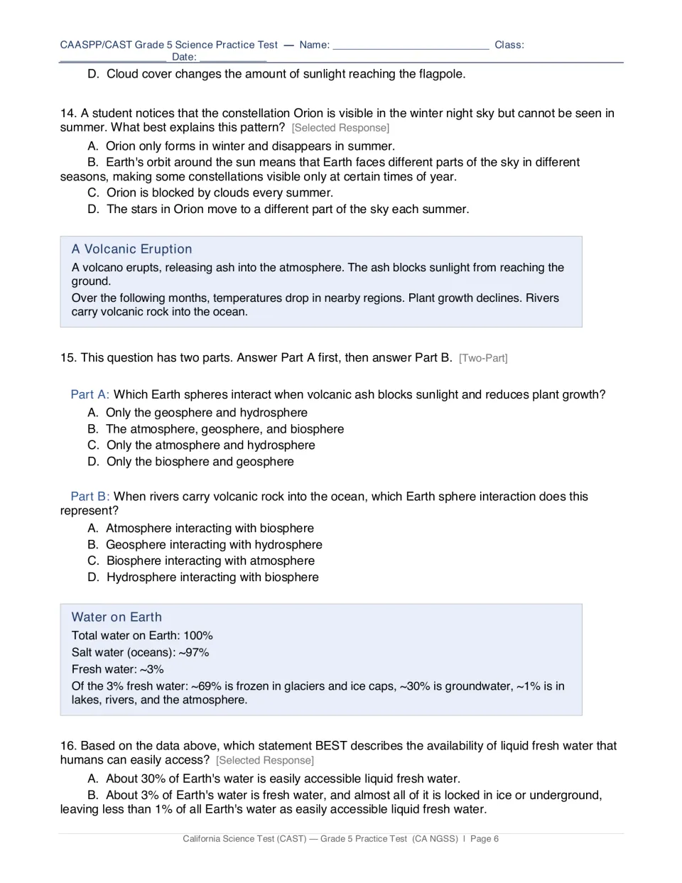 Earth science questions 14-16: Orion's seasonal visibility, volcanic ash and Earth sphere interactions, water on Earth data