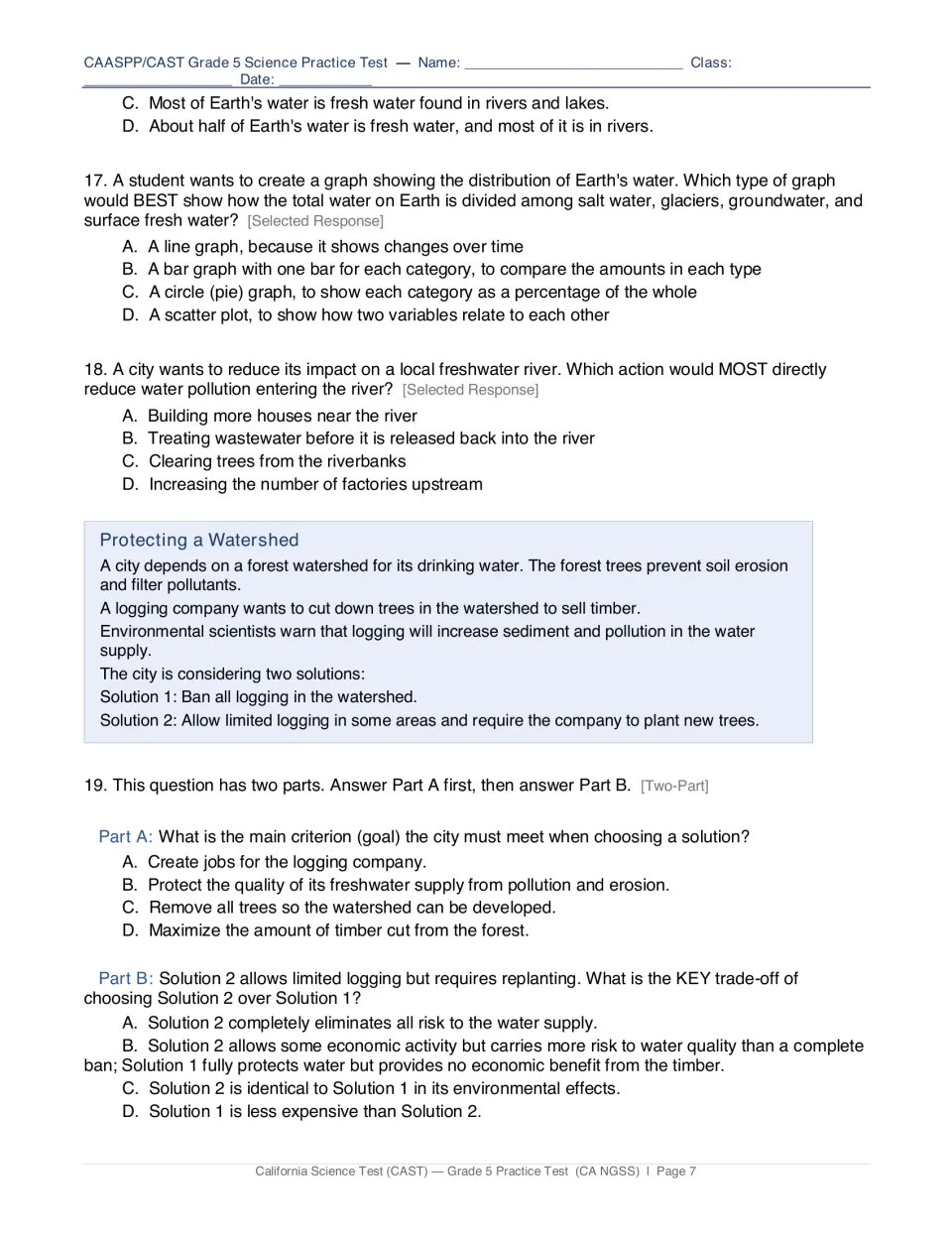 Questions 17-19: picking a graph type for Earth's water, cutting river pollution, and weighing two watershed solutions