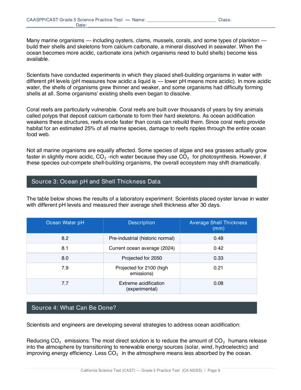Ocean acidification sources: effects on shell-building marine life, a pH vs oyster shell thickness table and CO2 reduction