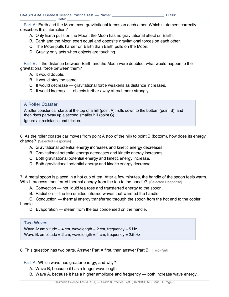 Gravity, energy and waves: questions on Earth-Moon attraction, roller coaster energy change and conduction in a spoon