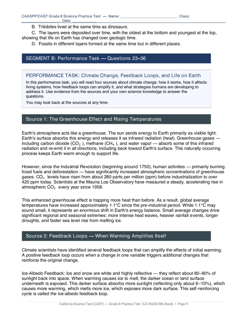 Segment B performance task on climate change: Source 1 on the greenhouse effect and Source 2 on ice-albedo feedback