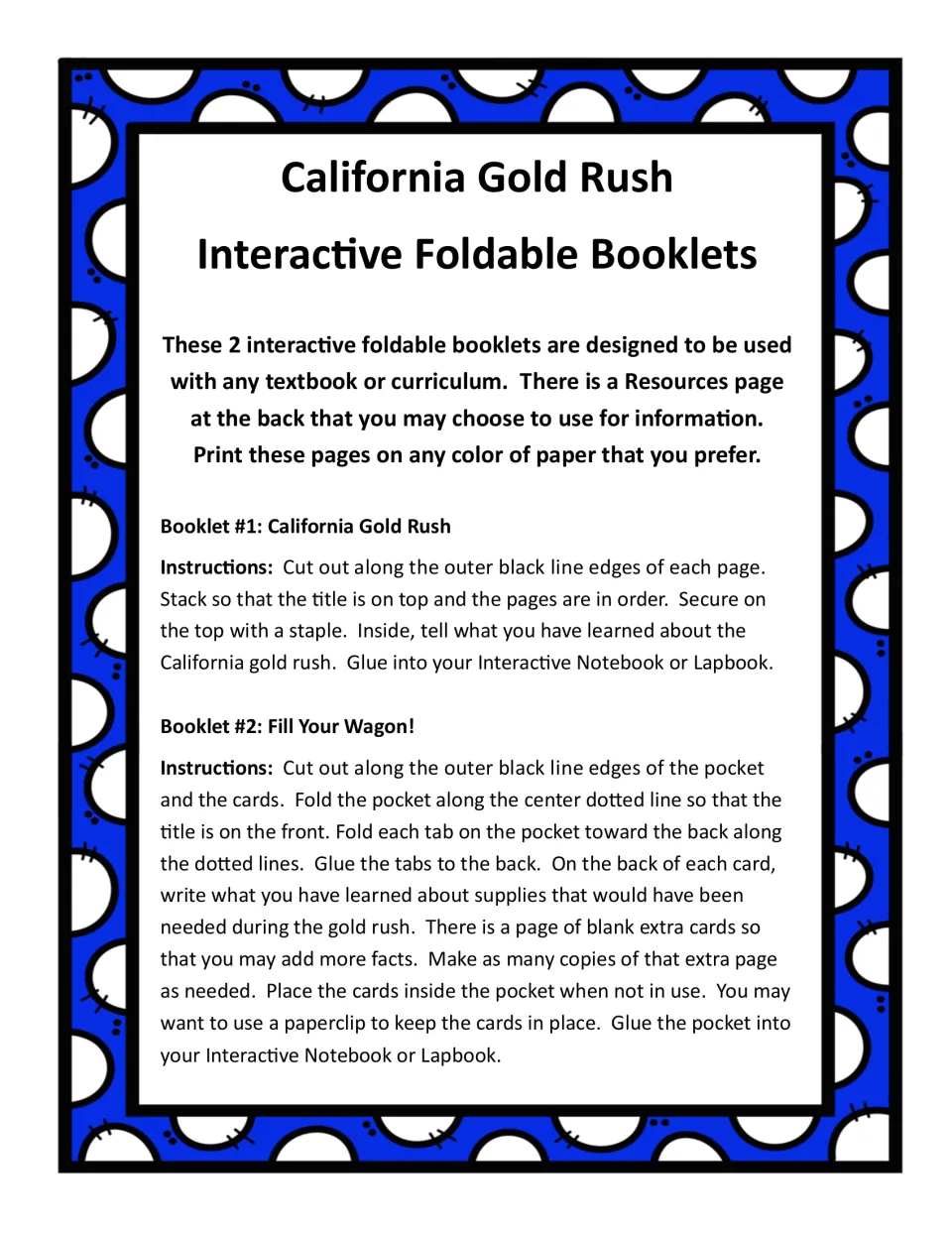 Instructions for both booklets: staple the Gold Rush flap book; fold and glue the Fill Your Wagon! pocket