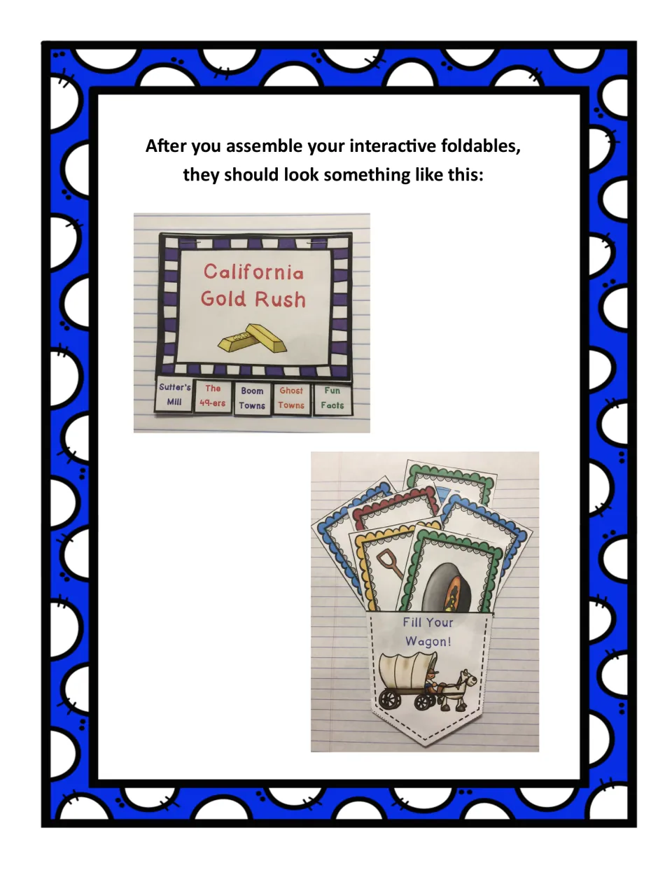 Finished examples of both foldables: the Gold Rush flap book with five tabs and the Fill Your Wagon! card pocket