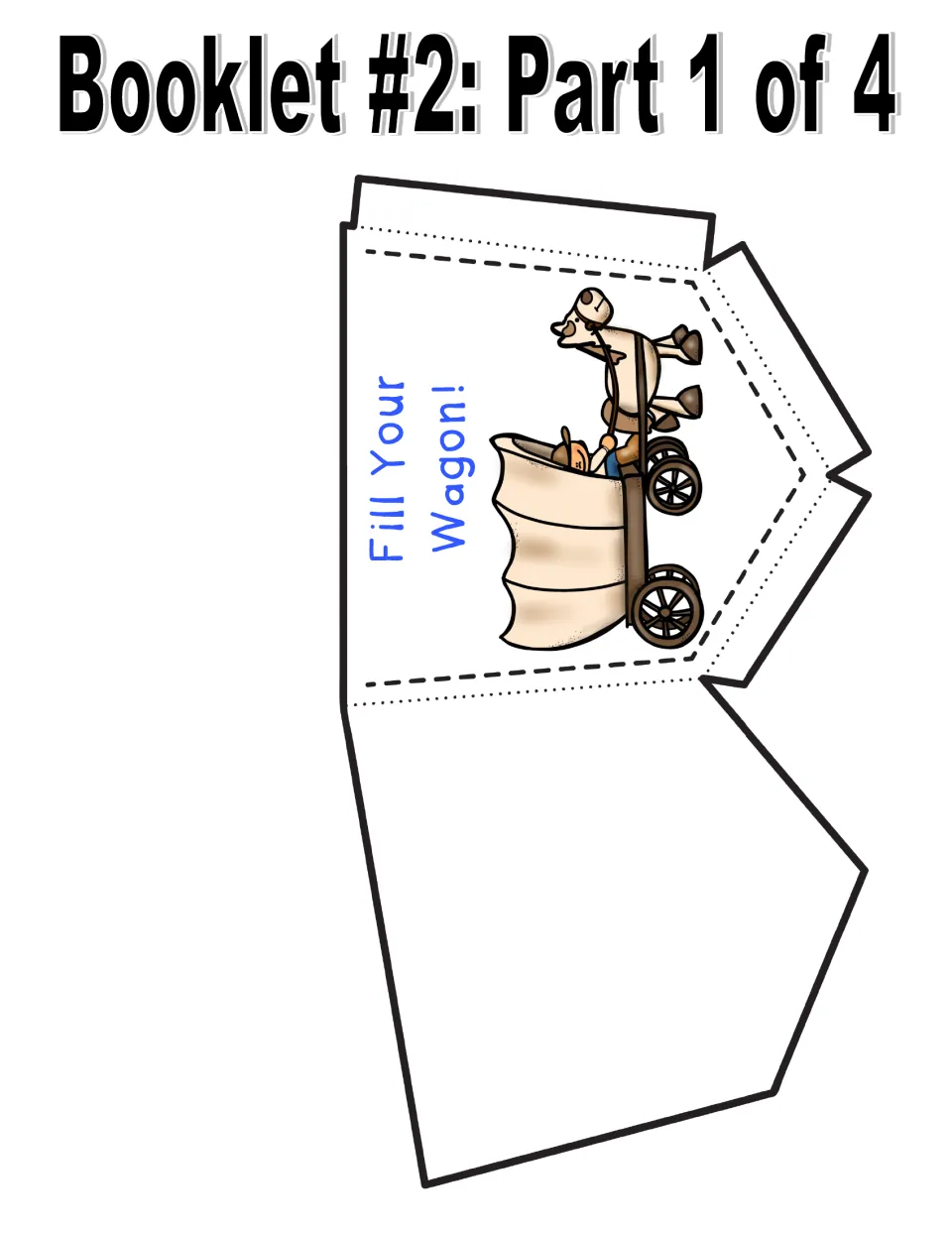 Booklet 2, part 1: the 'Fill Your Wagon!' pocket with a covered wagon, folded to hold the supply cards