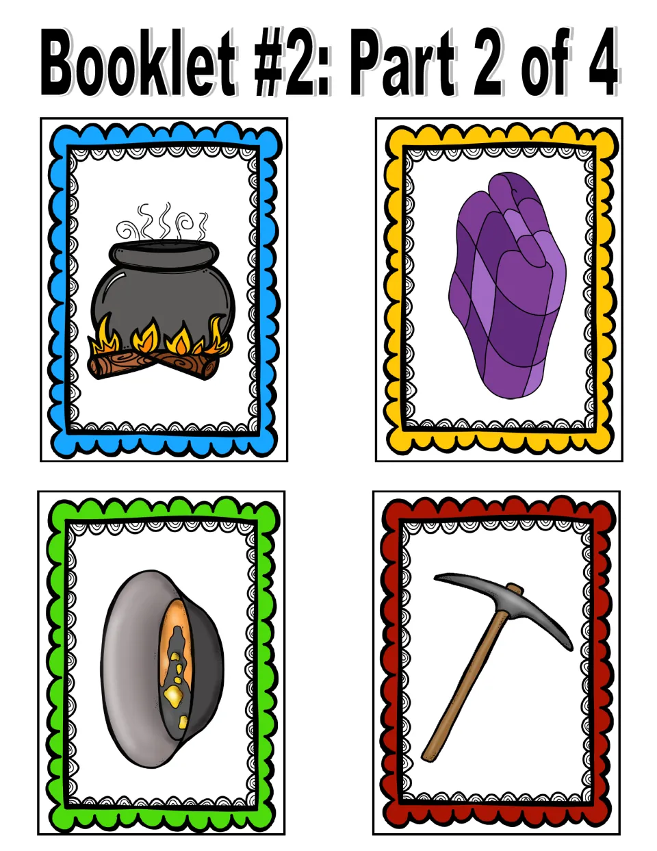 Fill Your Wagon! supply cards 1–4: a cooking pot over a fire, a blanket, a gold pan and a pickaxe