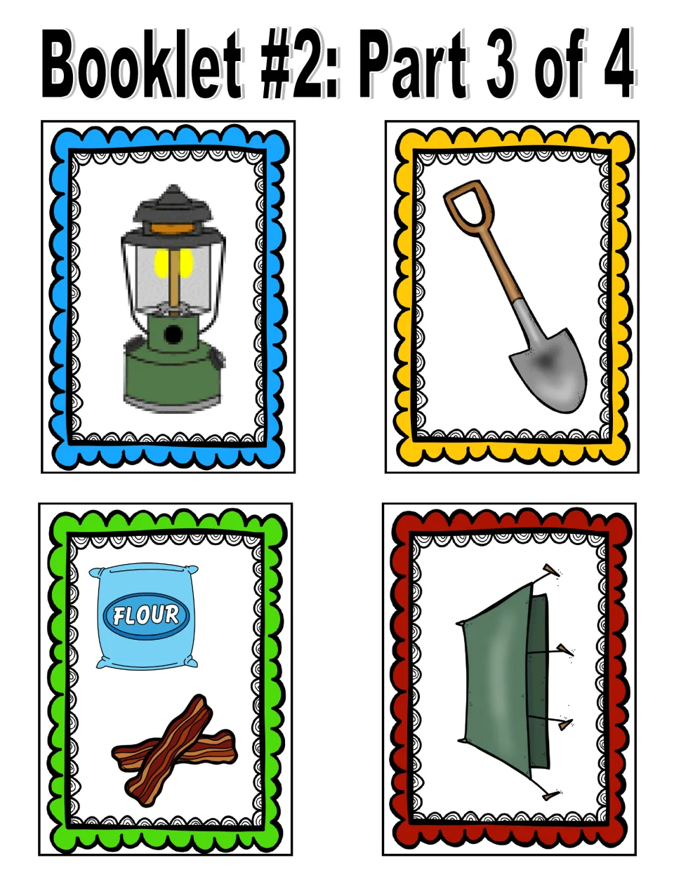 Fill Your Wagon! supply cards 5–8: a lantern, a shovel, flour and bacon, and a tent
