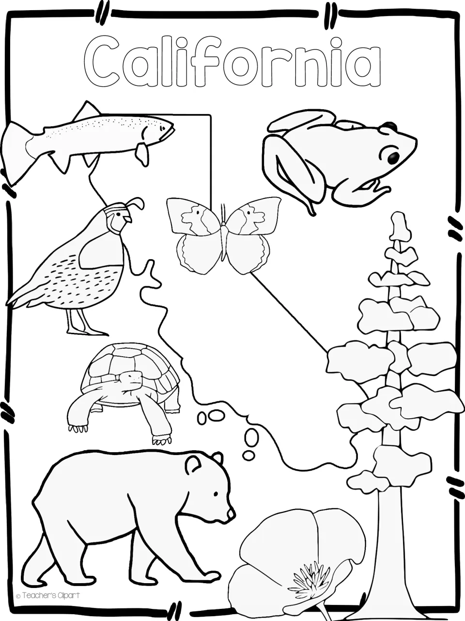 California coloring page: state outline surrounded by a trout, frog, quail, butterfly, tortoise, bear, poppy and redwood
