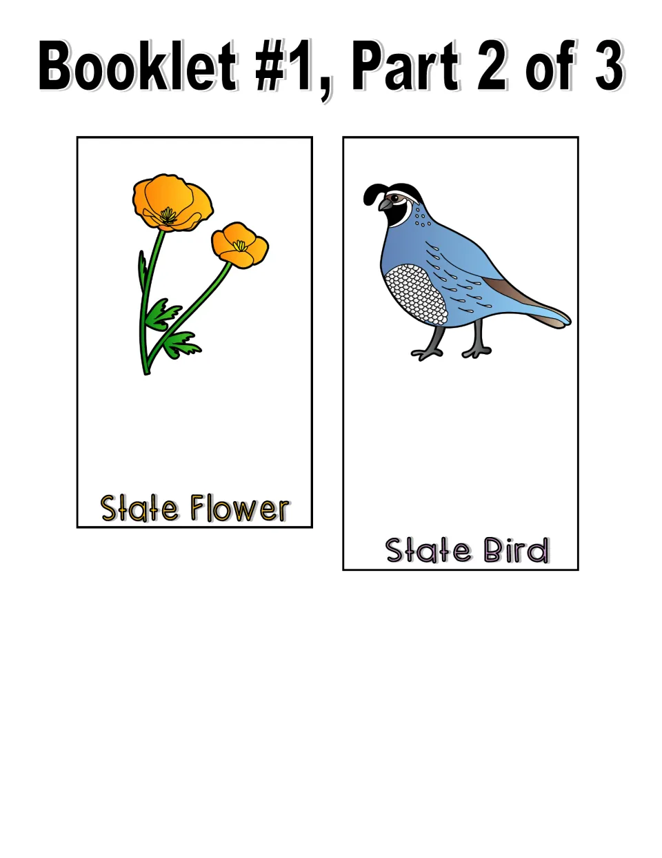 Color booklet part 2 cut-out pieces: State Flower page showing orange poppies and State Bird page showing a blue quail