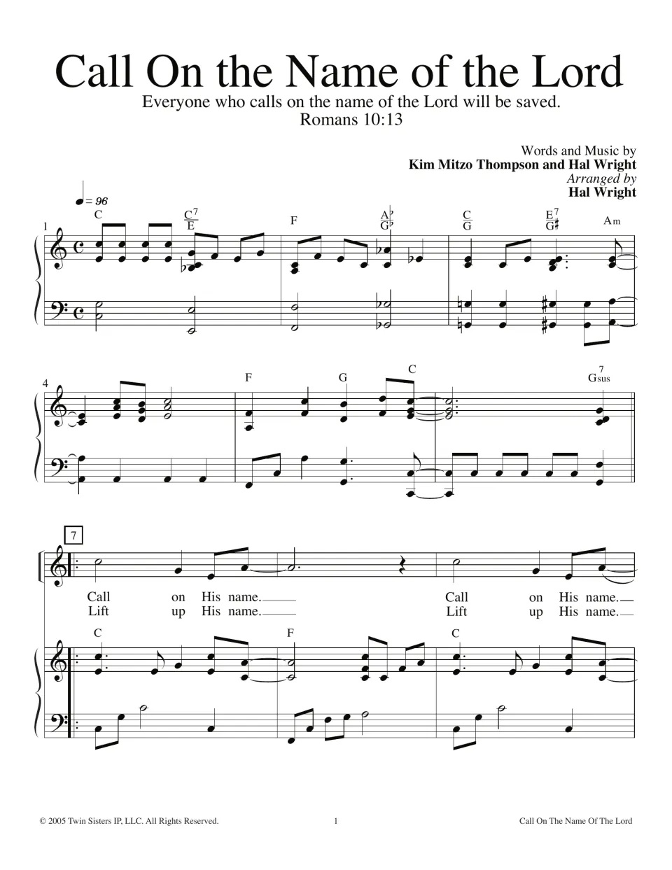 Romans 10:13 song opening in C for voice and piano with chords; verse lyrics "Call on His name, lift up His name"