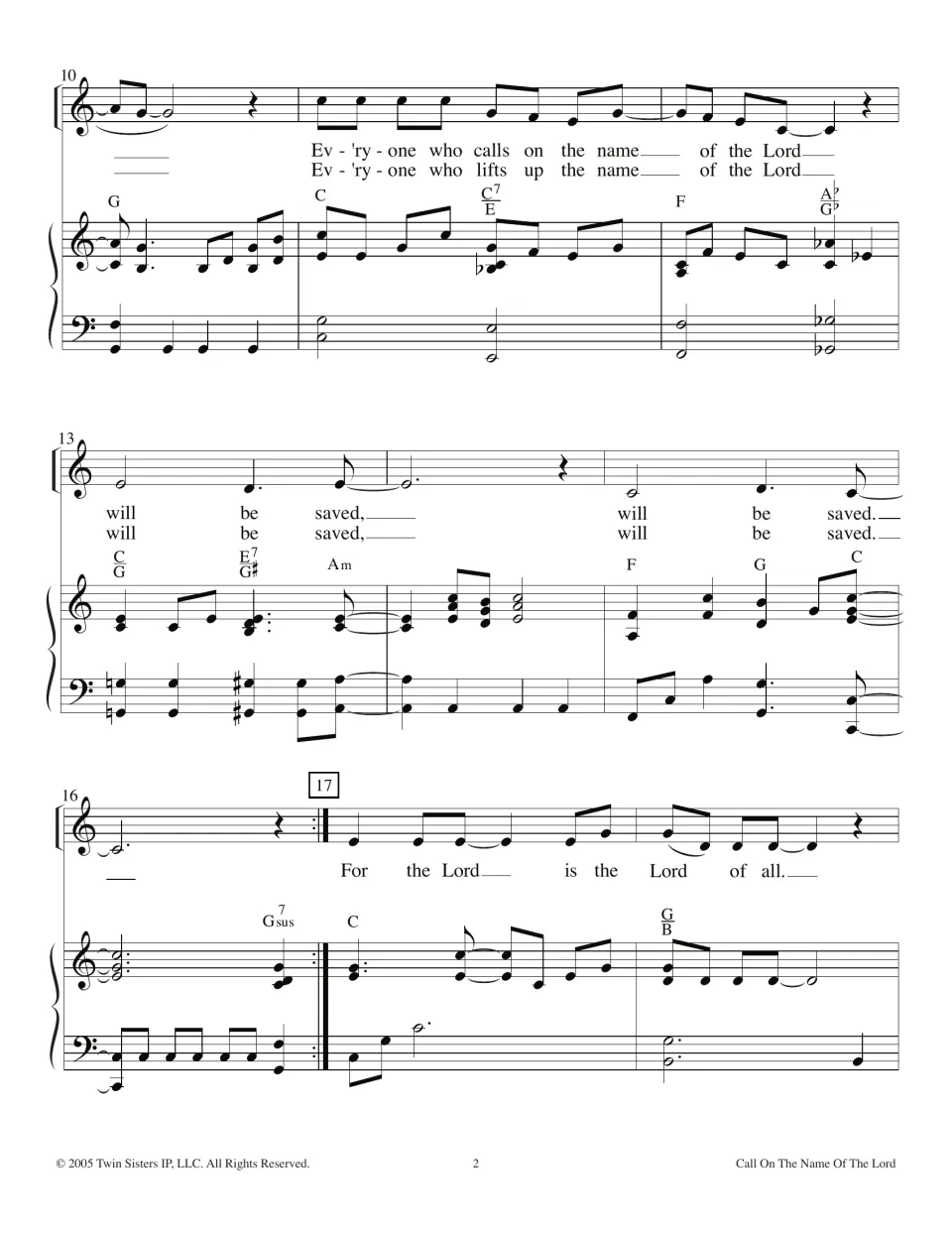 Measures 10-18: voice and piano parts for "Everyone who calls on the name of the Lord will be saved" and "For the Lord"