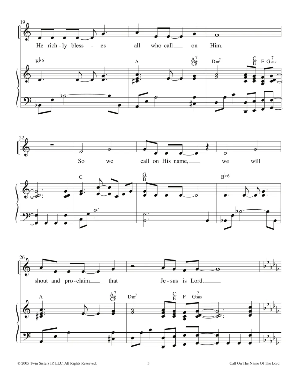 Measures 19-28: lyrics "He richly blesses all who call on Him" to "Jesus is Lord" then a key change to five flats