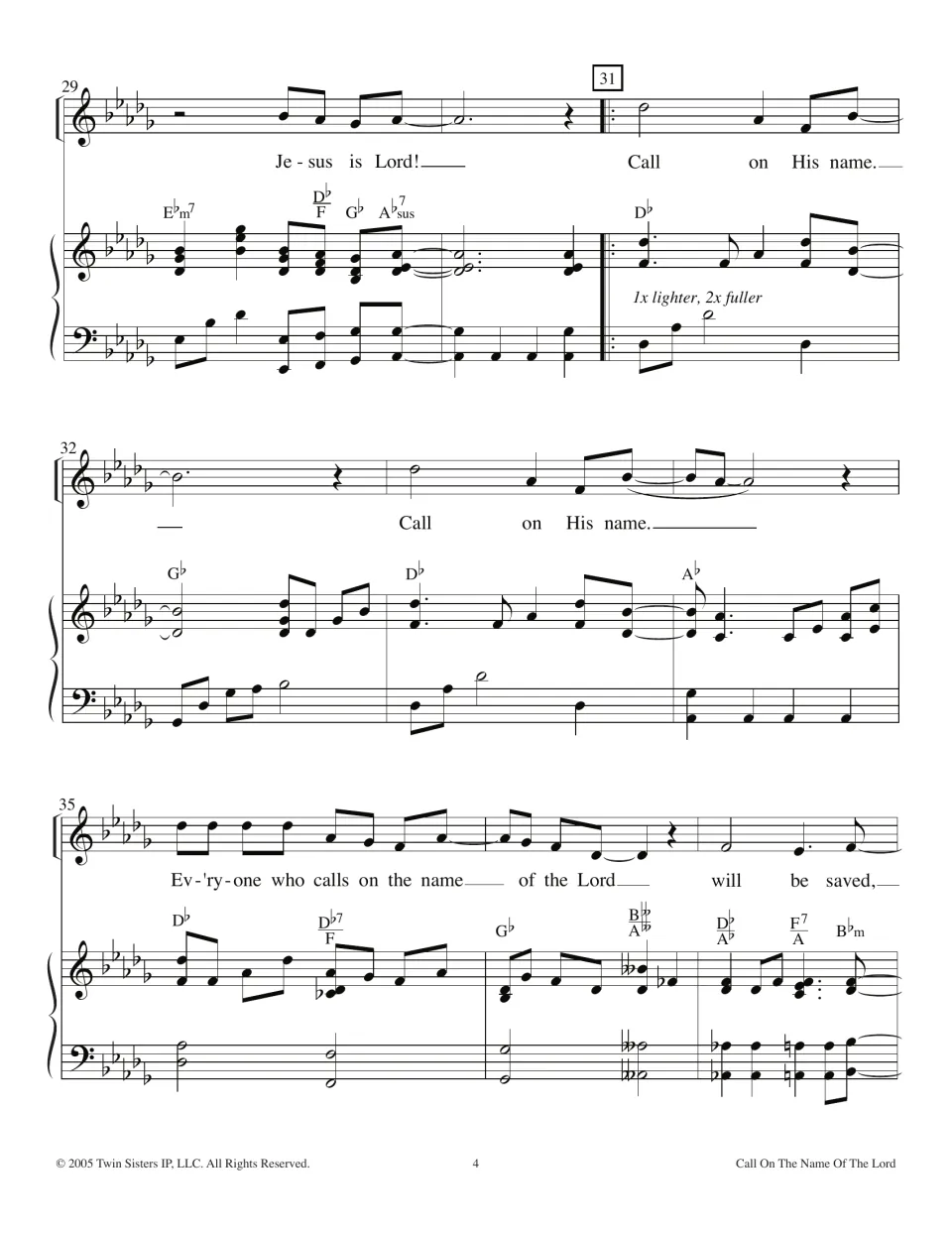 Measures 29-37 in D-flat: "Jesus is Lord!" then a repeated chorus marked "1x lighter, 2x fuller" with piano chords