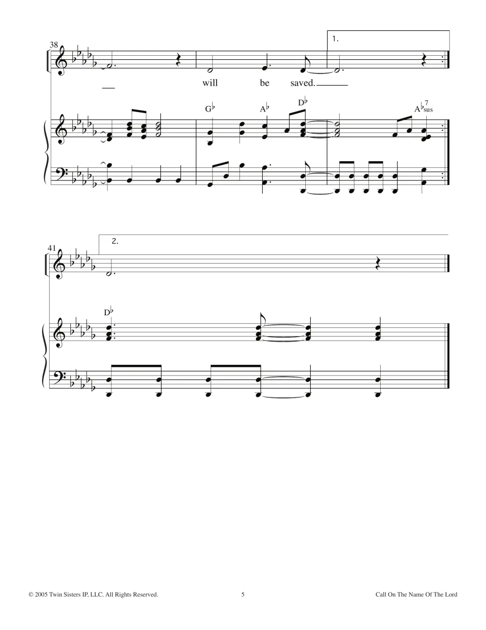 Final measures 38-41: "will be saved" with first and second endings and a closing D-flat chord in voice and piano