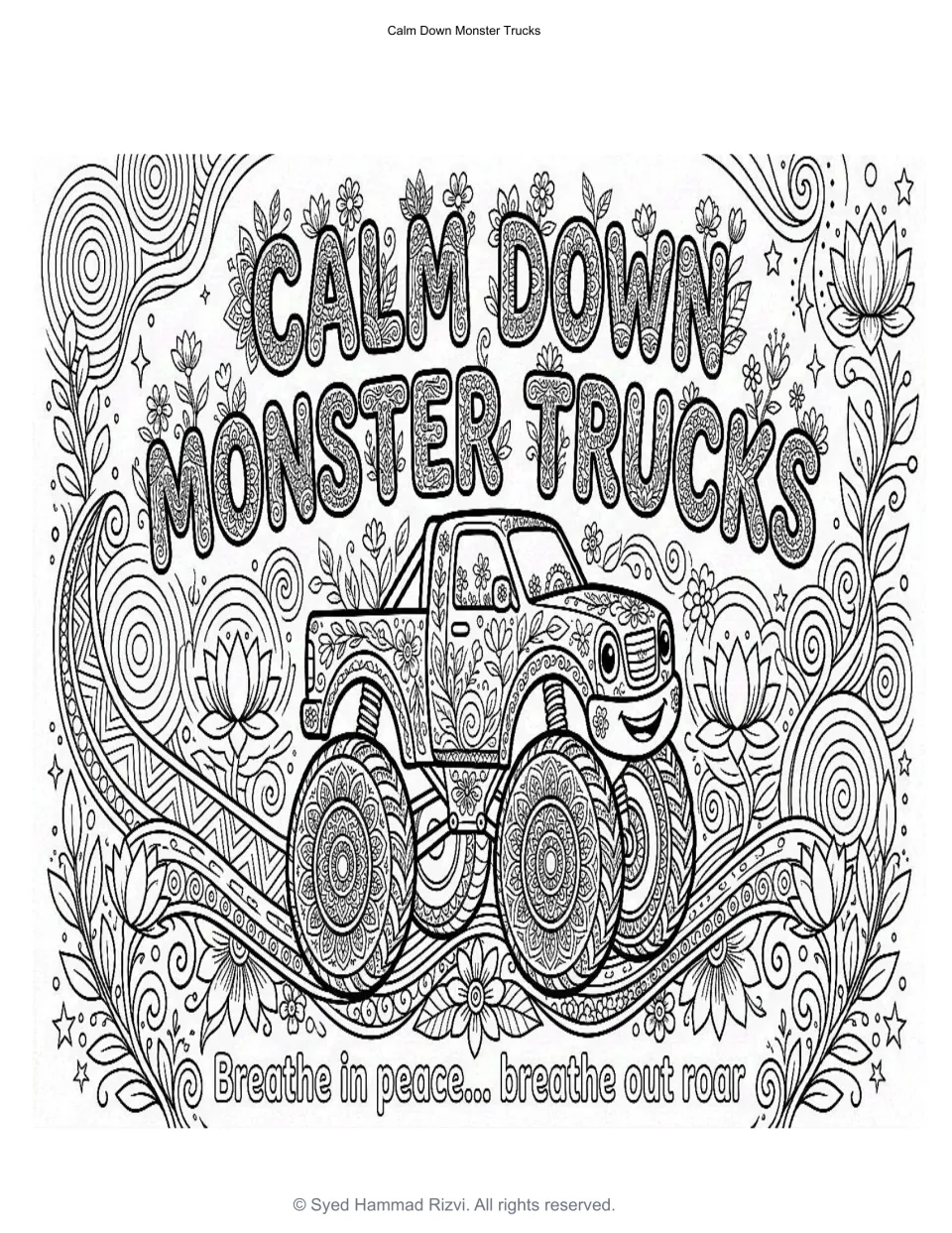 Calm Down Monster Trucks cover to color: smiling patterned truck, lotus flowers, "Breathe in peace... breathe out roar"