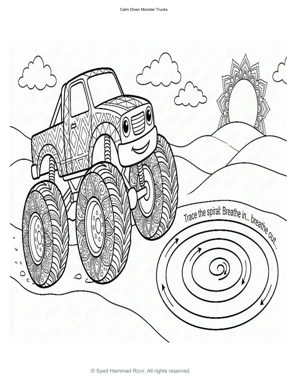 Spiral breathing: students trace a spiral with arrows while breathing in and out, then color a smiling truck on hills