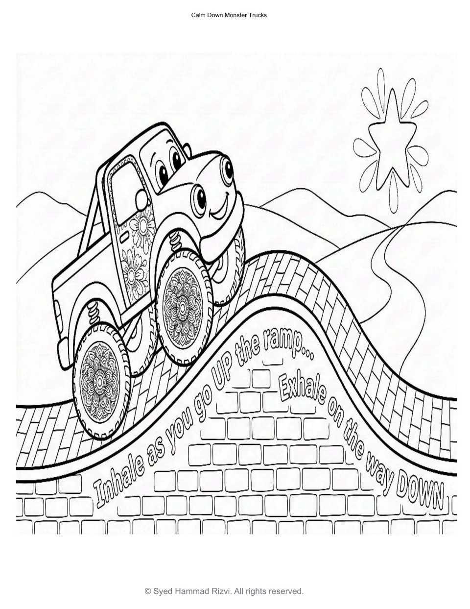 Ramp breathing: students inhale as the truck goes up a brick ramp and exhale on the way down, then color the scene
