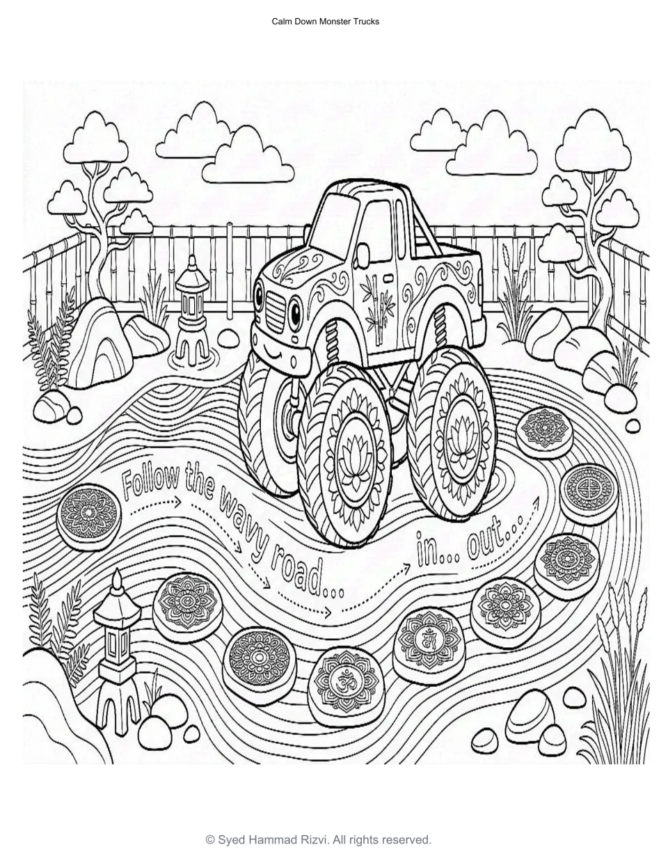 Wavy road breathing: students follow a wavy road "in... out..." through a zen garden with mandala stones, then color