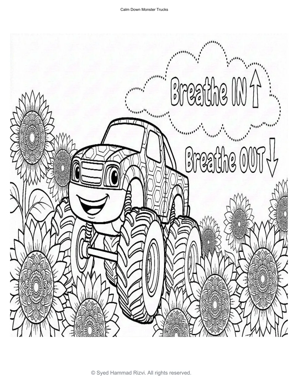 Breathe in, breathe out: students color a smiling truck among mandala sunflowers, with up and down arrows for each breath