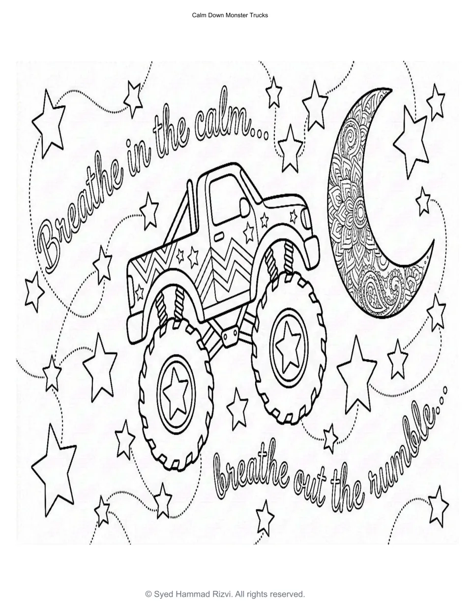 Night-sky breathing: students color a truck, stars and moon around "Breathe in the calm... breathe out the rumble"