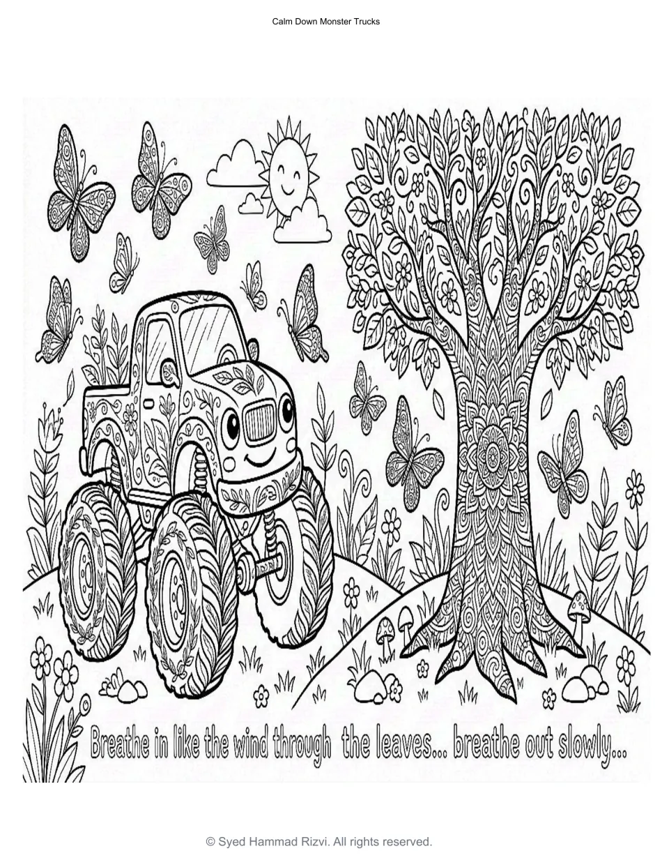 Wind and leaves breathing: students color a truck, a mandala tree and butterflies while breathing in and out slowly