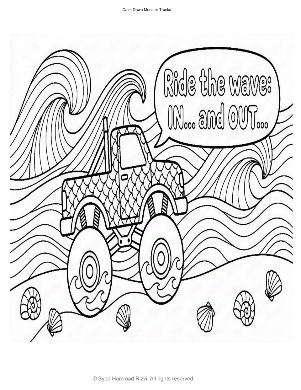 Ocean wave breathing: a speech bubble reads "Ride the wave: IN... and OUT..." over a truck, waves and shells