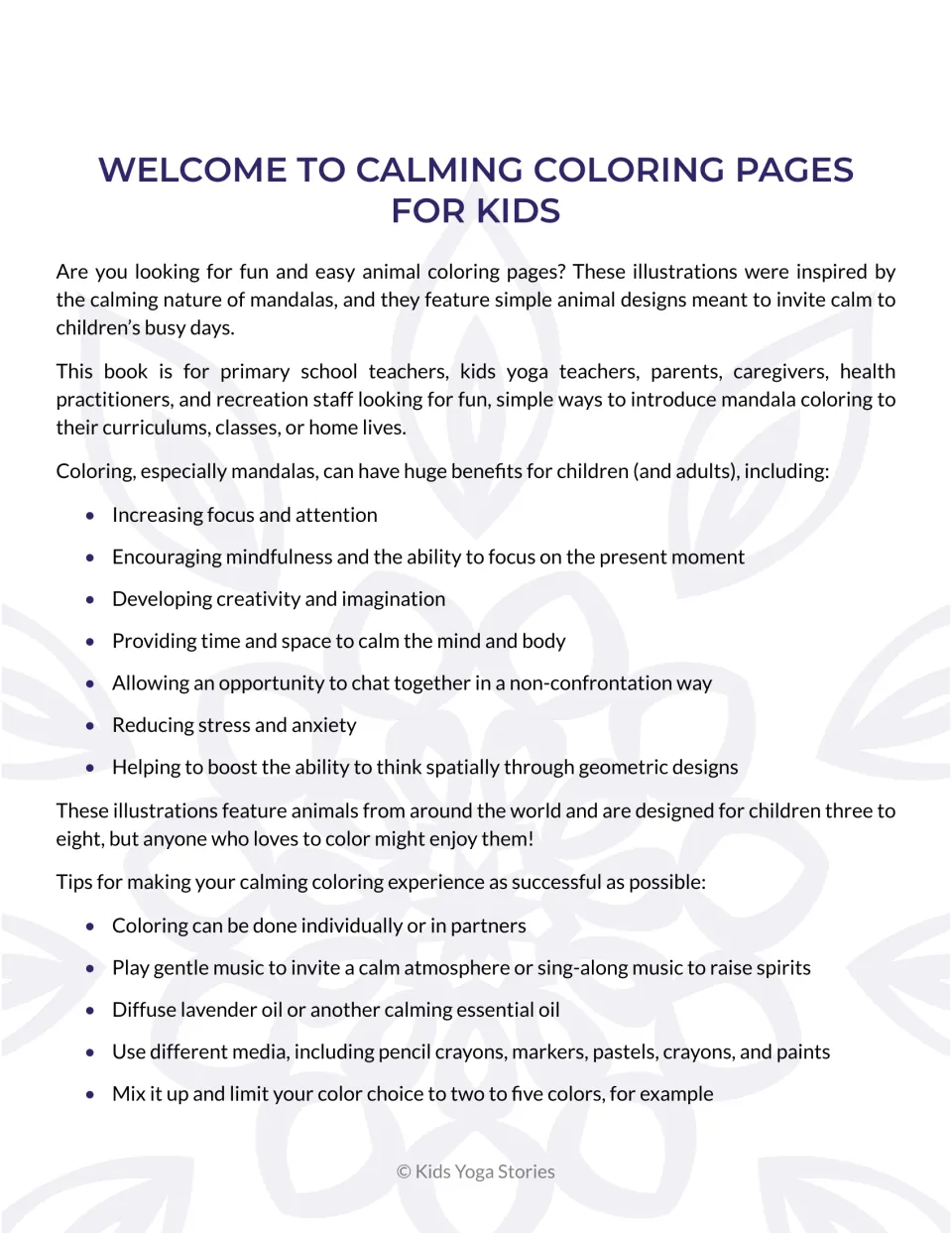 Opening guide to the animal coloring pages, with coloring benefits, tips, and an intended age range of 3–8